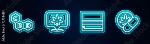 Set line Cannabis molecule, Location and cannabis, Rolling paper and Herbal ecstasy tablets. Glowing neon icon. Vector
