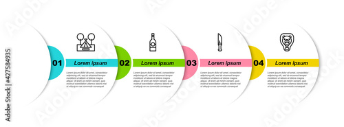 Set line Tourist tent, Bottle of vodka, Hunter knife and Bear head on shield. Business infographic template. Vector