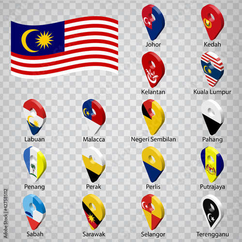 Sixteen flags the States of Malaysia -  alphabetical order with name.  Set of 3d geolocation signs like flags States of Malaysia.  Sixteen  3d geolocation signs for your design. EPS10