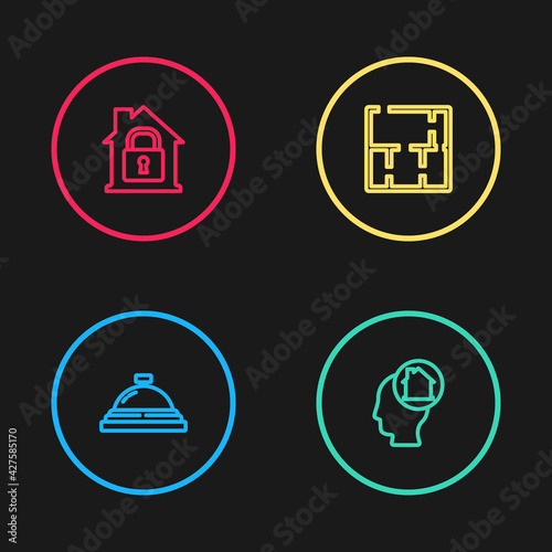 Set line Hotel service bell, Man dreaming about buying house, House plan and under protection icon. Vector