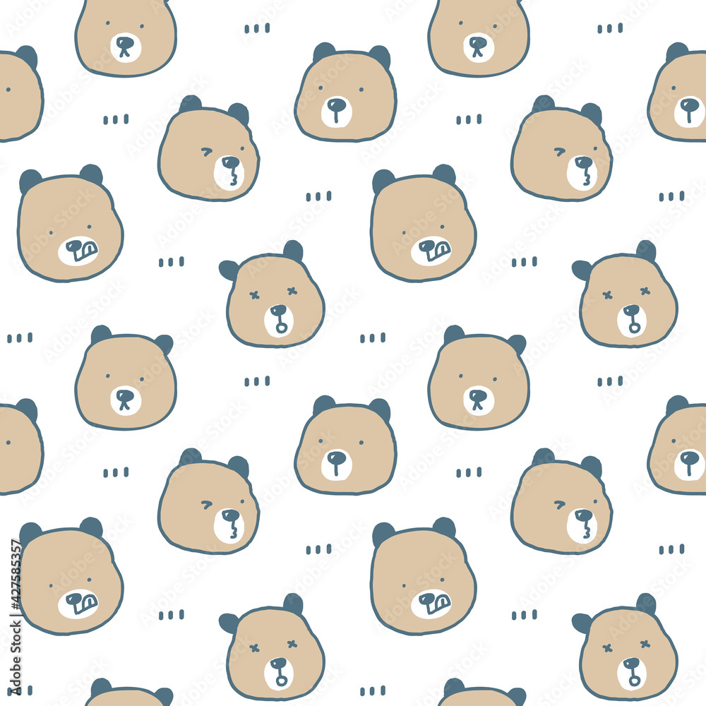 Seamless Pattern with Cartoon Bear Face Illustration Design on White Background
