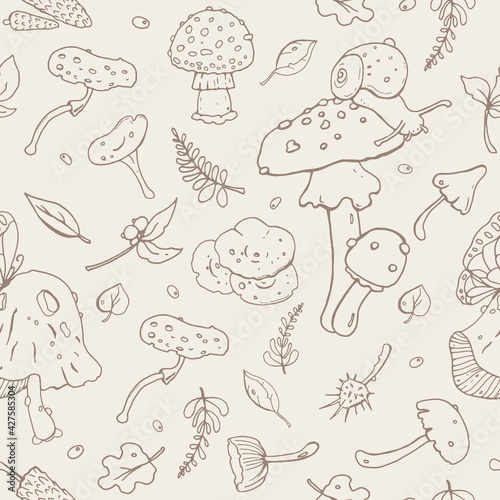 Seamless retro-style pattern with different cute mushrooms  snail  leaves  and Butterfly. Wallpaper. Card design.