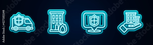 Set line Car with shield, Fire in burning house, Location and House insurance. Glowing neon icon. Vector