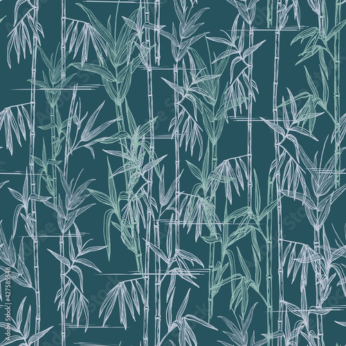 Fototapeta Naklejka Na Ścianę i Meble -  Seamless pattern with bamboo stems and leaves in blue green colours. Hand-drawn stylized drawing in pen and ink. Bamboo forest beauty in nature. Vector illustration.