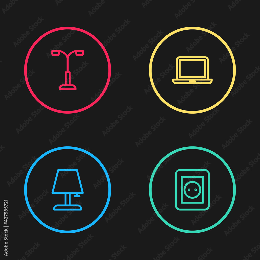 Set line Table lamp, Electrical outlet, Laptop and Street light icon. Vector Set line Table lamp, Electrical outlet, Laptop and Street light icon. Vector