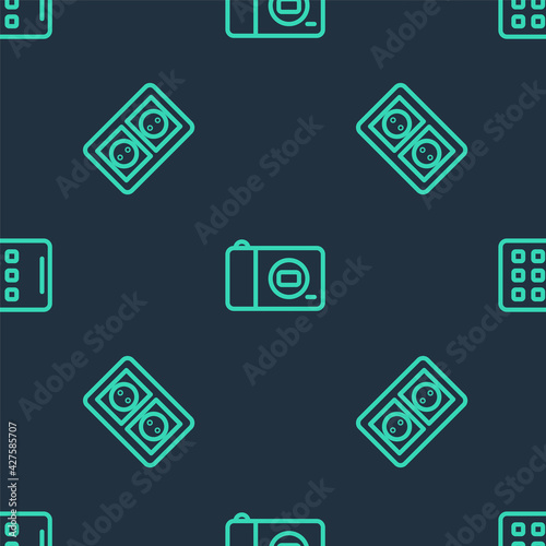 Set line Photo camera, Electrical outlet and Graphic tablet on seamless pattern. Vector