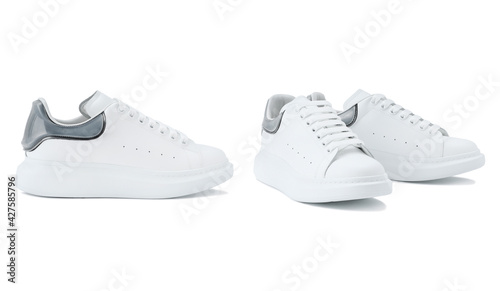 Modern sneakers white color. Front and side views