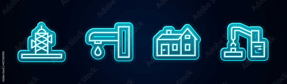 Set line Antenna, Water tap, House and Robotic robot arm hand factory. Glowing neon icon. Vector Set line Antenna, Water tap, House and Robotic robot arm hand factory. Glowing neon icon. Vector
