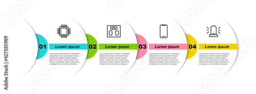 Set line Processor with microcircuits CPU, Bathroom scales, Smartphone and Flasher siren. Business infographic template. Vector