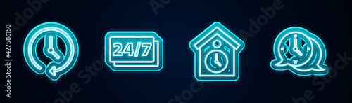 Set line Clock, 24 hours, Retro wall watch and speech bubble. Glowing neon icon. Vector