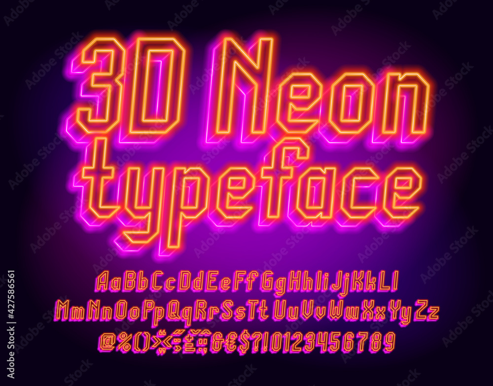 3D Neon alphabet font. Neon light letters, numbers and punctuation. Uppercase and lowercase. Stock vector typescript for your design.