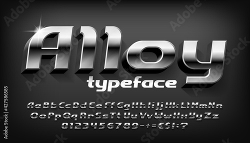 Alloy alphabet font. 3D metal letters, numbers and punctuation with shadow. Stock vector typeface for your typography design.