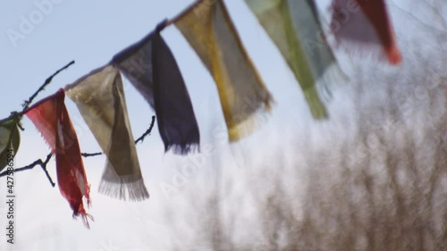 Prayer Flags In A Row Hanging In Countryside