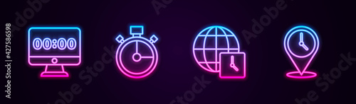 Set line Clock on monitor, Stopwatch, World time and Location with clock. Glowing neon icon. Vector