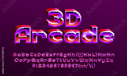 3D Arcade alphabet font. Pixel letters, numbers and punctuations. 80s arcade video game typescript.