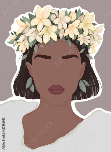 a dark-skinned, dark-haired woman in a wreath of yellow flowers. vector modern flat illustration. for poster, banner, postcard, magazine or book cover.