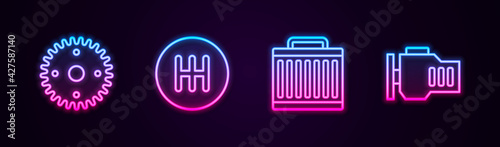 Set line Gear, shifter, Car radiator cooling system and Check engine. Glowing neon icon. Vector