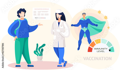 Man communicates with nurse in hospital. Disease treatment and vaccination improves immunity