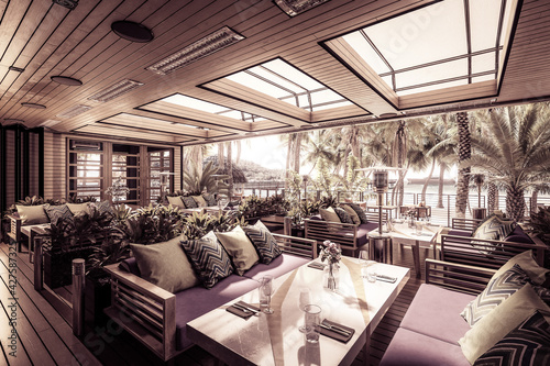 Terrace Restaurant Area Inside a Subropical Resort- black and white 3d architectural visualization © 4th Life Photography
