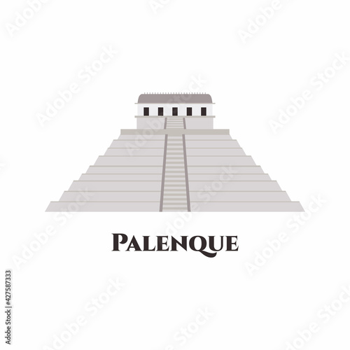 Palenque in Chiapas, Mexico. One of the best preserved sites, which contains interesting architecture and is popular tourist attraction. The Palace and observatory. Isolated vector flat cartoon style