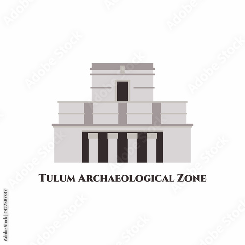 Archeological Zone of Tulum. It is a resort town on Mexico’s Caribbean coast. One of tourist destination. The ruins and surrounding sea are so beautiful. This majestic Mayan city. Cartoon flat vector