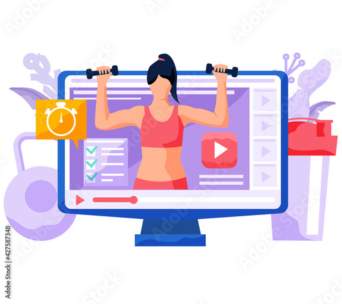 Athlete exercising with dumbbells. Online video training with female trainer doing exercises