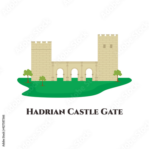 Hadrian's Gate or Üçkapılar is a triumphal arch located in Antalya, Turkey. A historical site is recommended to visit. This is a beautiful Roman Empire art and construction. Flat vector illustration