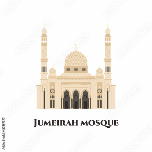 Jumeirah Mosque is a mosque in Dubai City. Highly recommended to visit. Tourist attractions, historical buildings, modern architecture. Must see since it is a land mark of Dubai. Flat cartoon vector