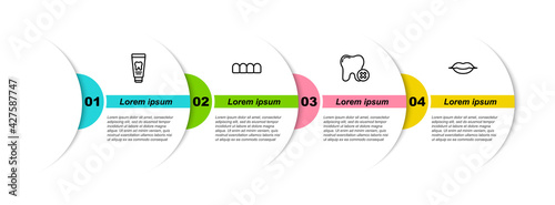 Set line Tube of toothpaste, Dentures model, Tooth with caries and Smiling lips. Business infographic template. Vector