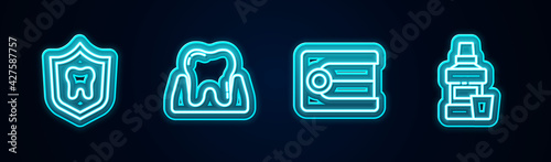 Set line Dental protection, Tooth, Dentures model and Mouthwash bottle. Glowing neon icon. Vector