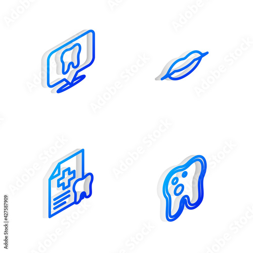 Set Isometric line Smiling lips, Dental clinic location, card and Tooth with caries icon. Vector