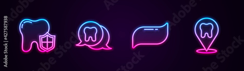 Set line Dental protection, Tooth, Toothpaste and clinic location. Glowing neon icon. Vector