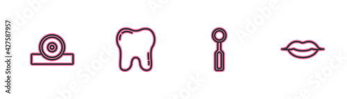 Set line Otolaryngological head reflector, Dental inspection mirror, Tooth and Smiling lips icon. Vector