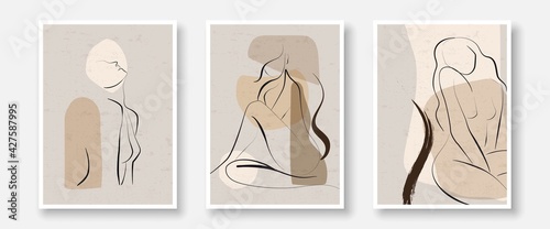 Trendy Line Art Woman Body Prints Set. Minimalistic Black Lines Drawing. Female Figure Continuous One Line Abstract Drawing. Modern Scandinavian Design. Naked Body Art. Vector Illustration.