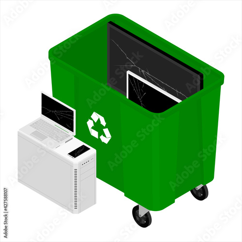 Electronic waste in green recycling can, bin with electrical and electronic devices.