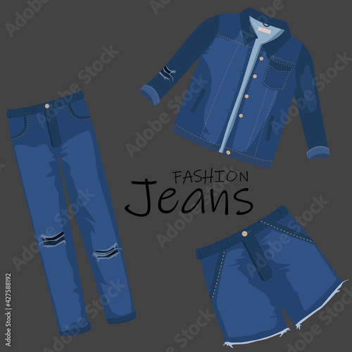 Jeans clothing. Trendy fashion ripped denim casual clothes vector illustration, jeans outfit garments models