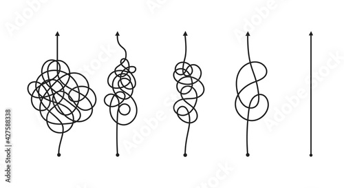 Complex and easy simple way from start to end. Chaos simplifying, problem solving and business solution searching challenge concept vector illustration set. Hand drawn doodle scribble chaos path lines