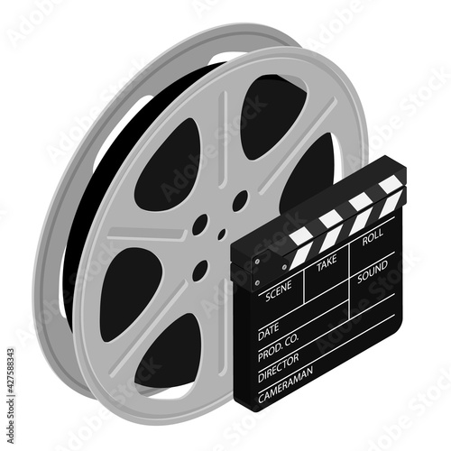 Film cinema reel and clapper board isolated on white background.