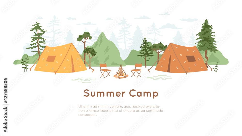 Summer camp concept. Tent with campfire and chairs in forest. Fir trees silhouette and hills on white background. Banner for eco tourism, nature traveling, camping, hiking.