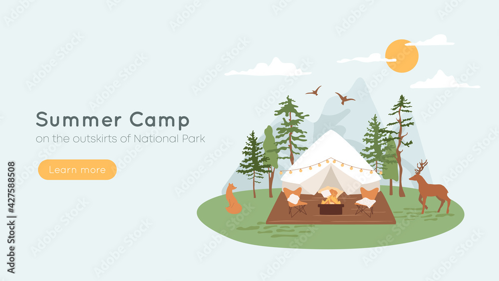 Bell tent with terrace, fire pit and lounge chairs. Concept of summer camp, glamping in forest. Mountains on background, wild animals fox and deer walking in parkland. Vacation, recreation banner. Bell tent with terrace, fire pit and lounge chairs. Concept of summer camp, glamping in forest. Mountains on background, wild animals fox and deer walking in parkland. Vacation, recreation banner.