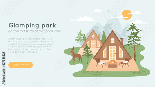 Private hotel cabins with terrace, fire pit and lounge chairs. Concept of summer glamping, triangle house in forest. Vacation, weekend, outdoor recreation banner. Luxury patio, fir trees. .