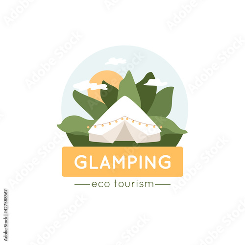 Glamping logo concept with bell tent, lush tropical foliage, sun and clouds.  Marquee decorated light bulbs garland. 