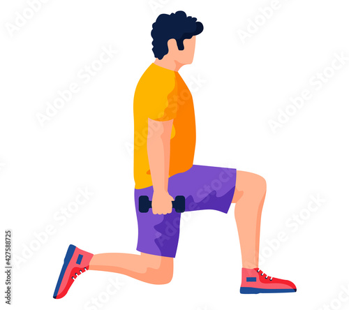 Man does morning exercises with sports equipment, training. Athlete, sportsman squats with dumbbells