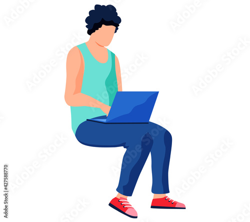 Male character spends time watching movie on laptop. Guy looks at monitor of computer device