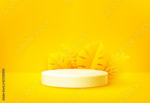 Bright yellow product podium surrounded by paper cut tropical palm leaves on a yellow backdrop. Background design for advertising leaflet, banner, flyer. Vector illustration