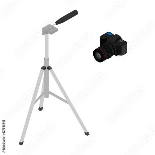 Camera and tripod isolated on white background