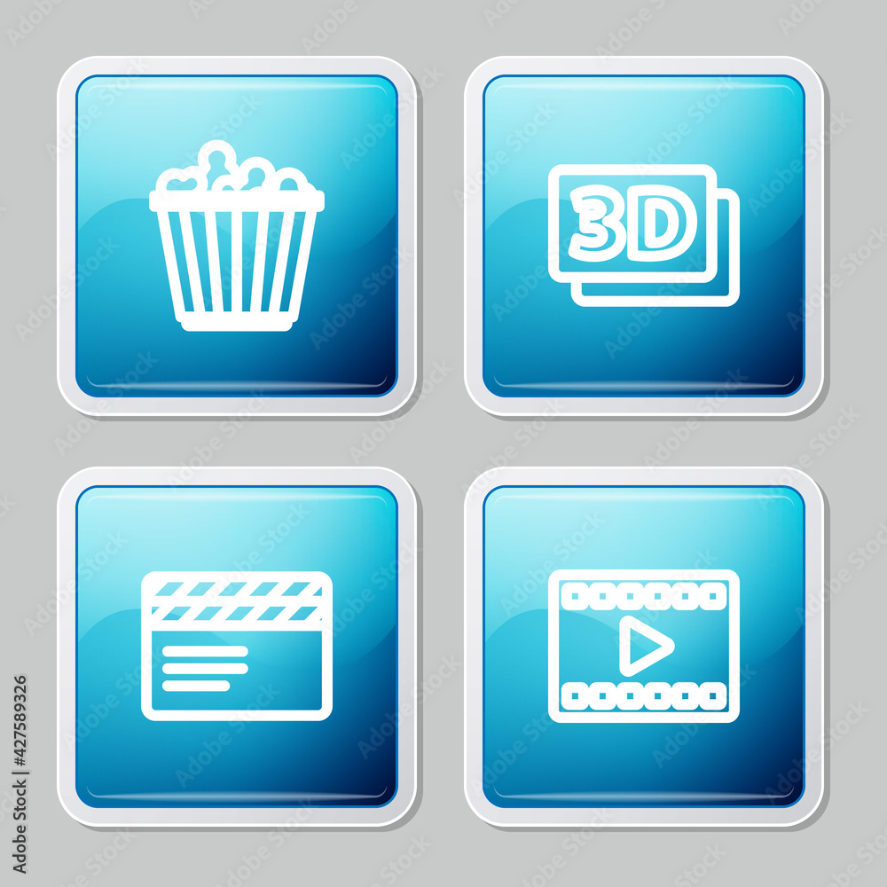 Set line Popcorn in box, 3D word, Movie clapper and Play Video icon. Vector Set line Popcorn in box, 3D word, Movie clapper and Play Video icon. Vector