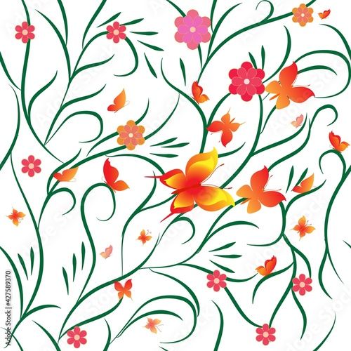 Summer pattern with color butterflies and flowers