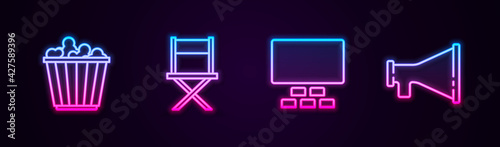 Set line Popcorn in box, Director movie chair, Cinema auditorium with seats and Megaphone. Glowing neon icon. Vector