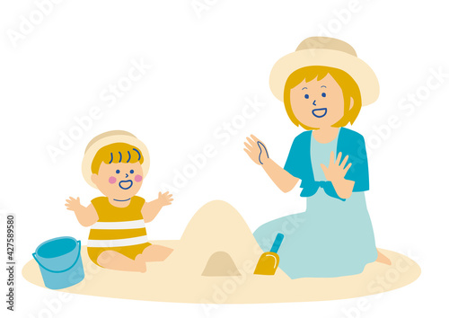 砂浜で遊ぶ赤ちゃんとお母さんのイラスト